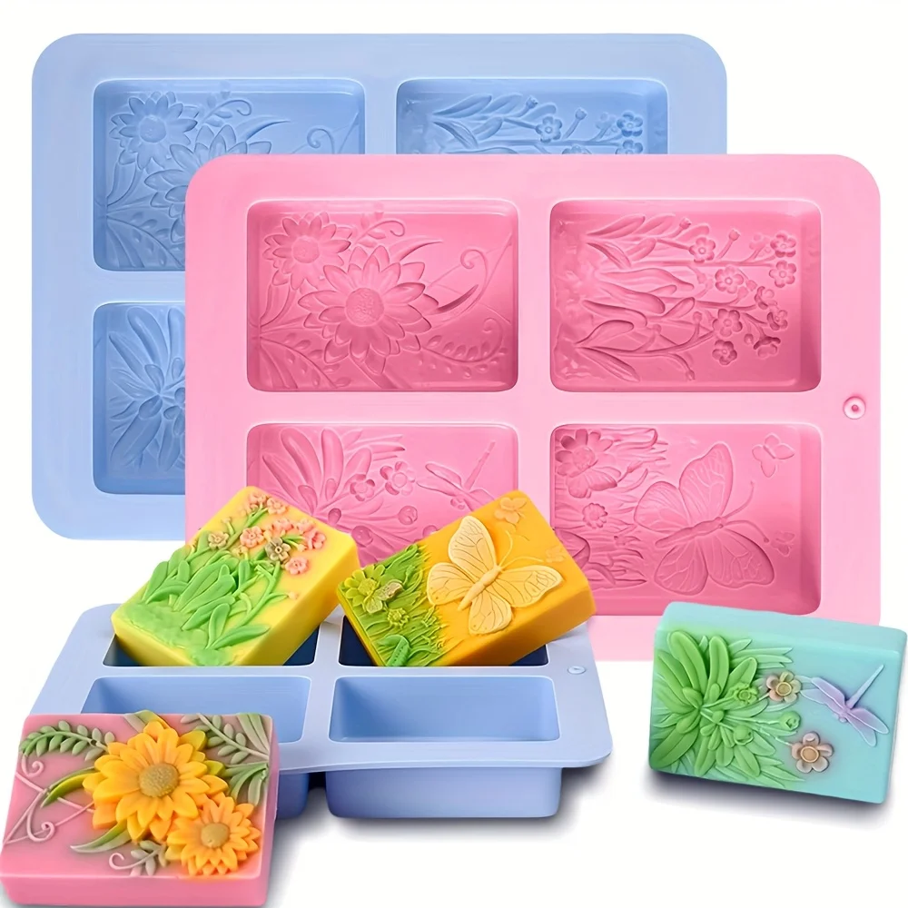2-piece butterfly flower plant-textured soap mold, 3D rectangular insect flower mold, DIY handmade soap, bath ball, candle