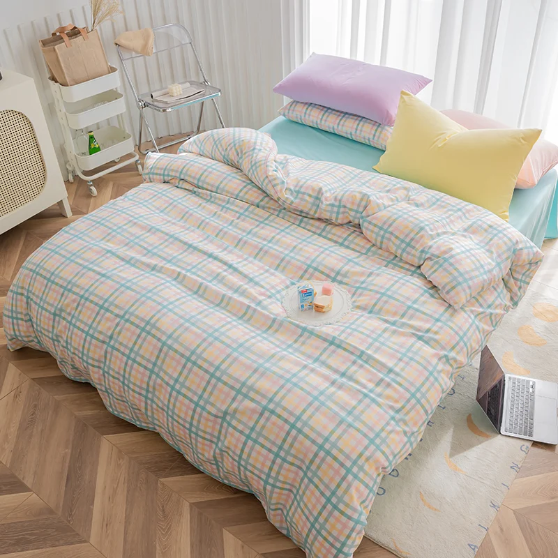 

Plaid Bedding Sets Cute Quilt Cover Pillowcase Blue Bed Flat Sheets Modern Duvet Cover Sets Twin Full Single Girls Bedclothes