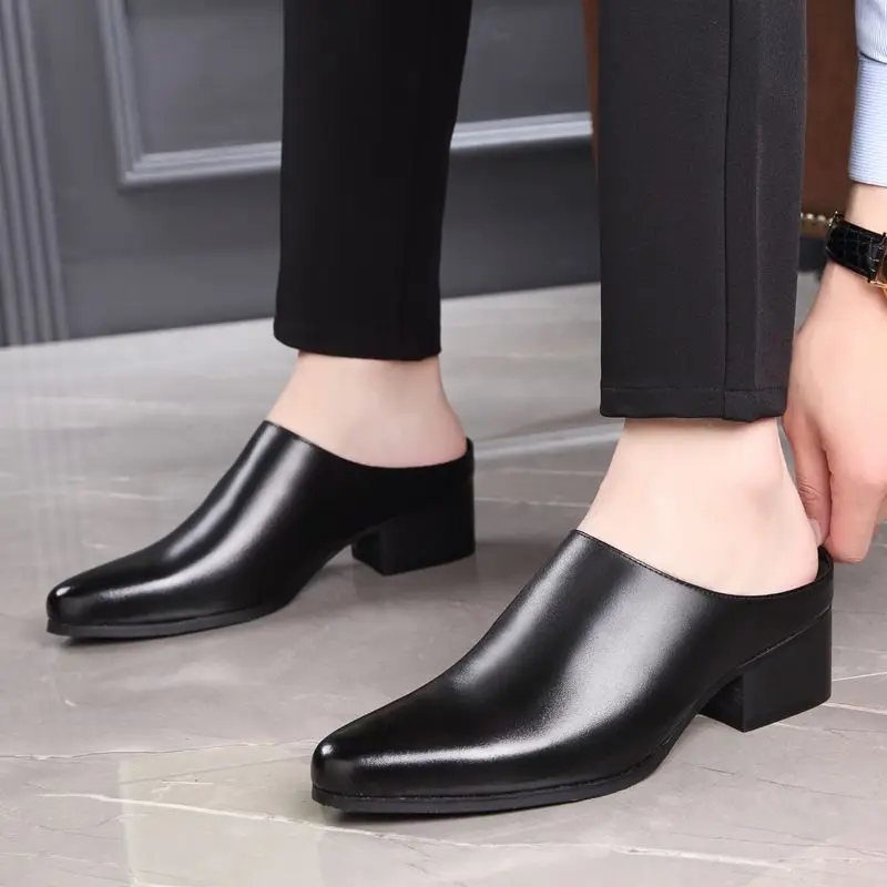 Pointed Men's Sandals Business Casual Dress High Heel Without Heel Leather Shoes Fashion Versatile Bag Head Tide Slippers - view 4