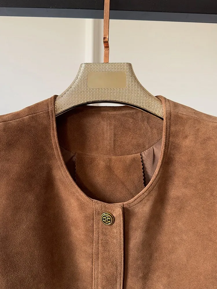 Elegant Female Fashion O Neck Real Suede Leather Loose Vest Single Breasted Office Waistcoat Lady Loose Genuine Leather Jacket