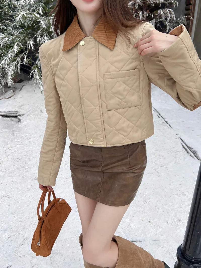 British style women's cotton jacket, fashionable, exquisite, capable, handsome, spliced corduroy collar equestrian jacket