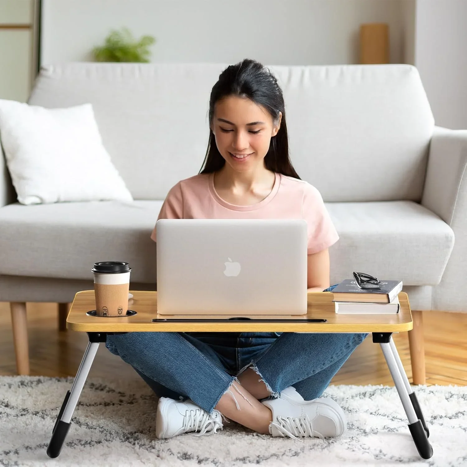 Foldable Lap Desk, 23.6 Inch Portable Wood Laptop Desk for Bed Sofa Reading Writing Eating Watching, Walnut