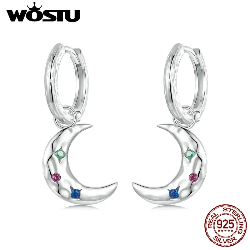 WOSTU 925 Sterling Silver Shiny CZ Crystal Multi Stones Hoop Earrings Women Green Blue Ear Buckcles Wedding Party Jewelry Gift