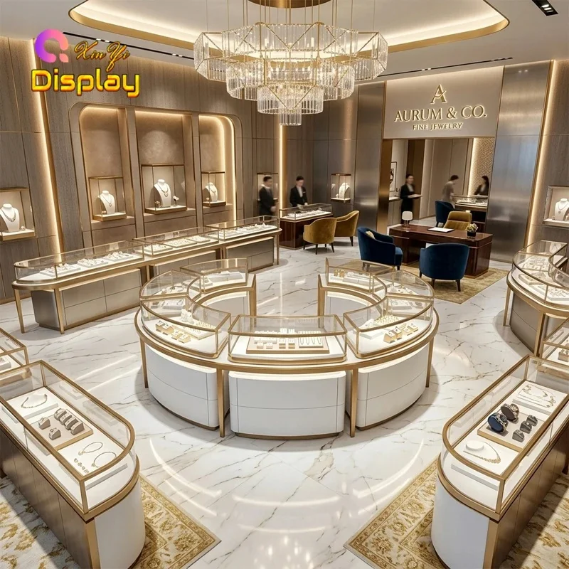 custom.Customized 3D Design Curved Luxury Metal Jewelry Showcase LED Eco-Friendly High-End Boutique Retail Showroom