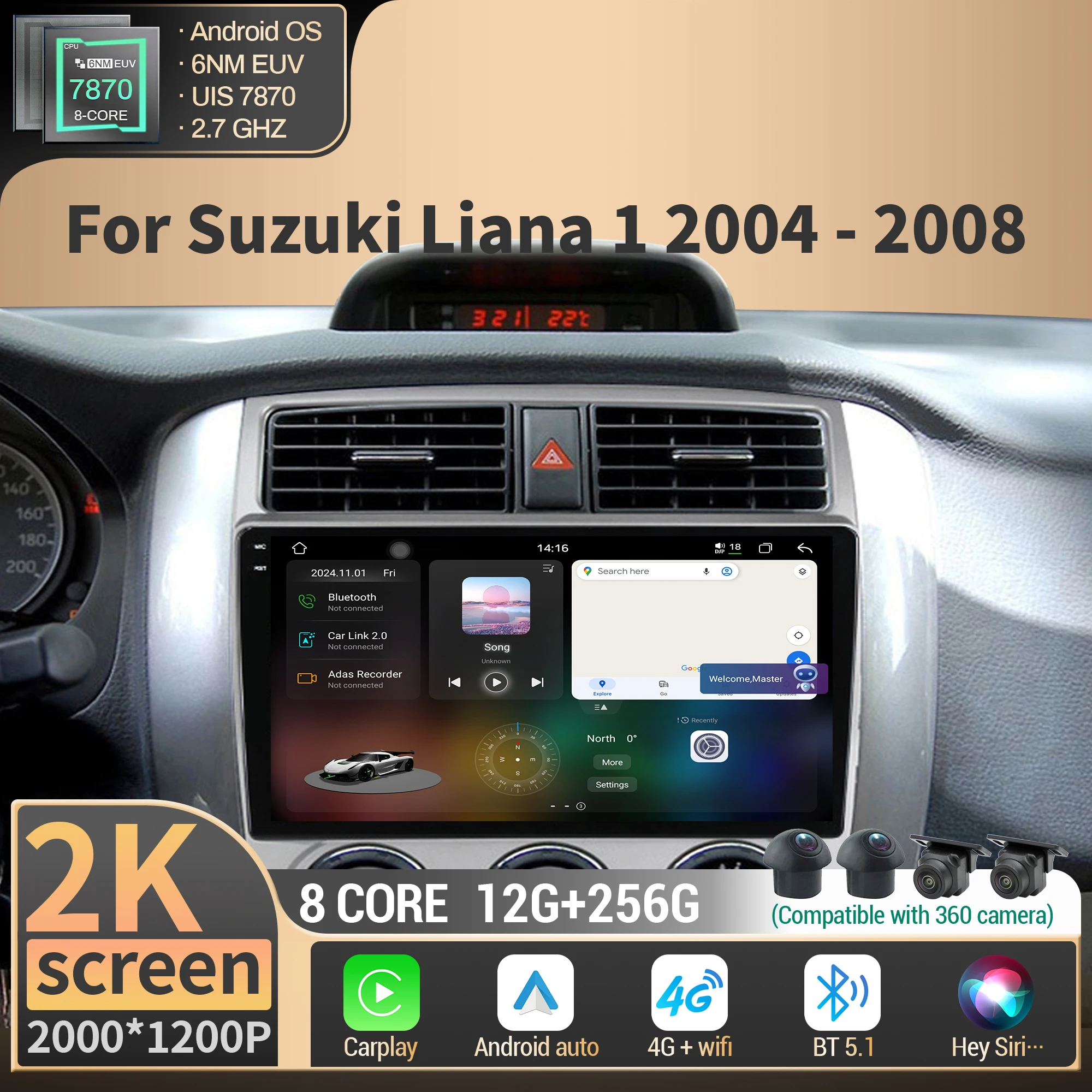 

Для Suzuki Liana 1 2004-2008 Автомобильное радио Мультимедиа Android Беспроводная BT CarPlay Навигация Стерео 4G GPS Процессор 7870 Экран головного устройства