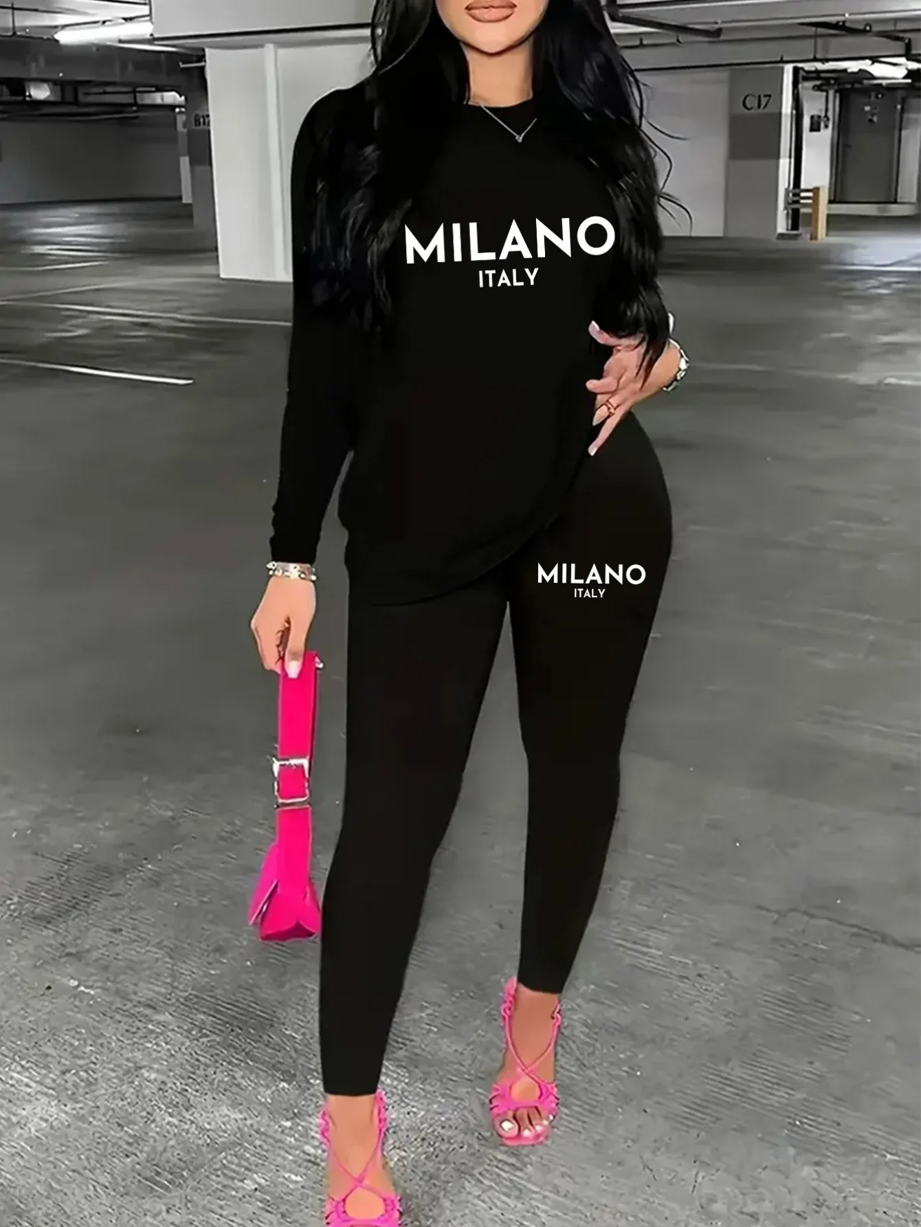 

Women's Sports Outfit Set, Plus Size Abstract Figure Print long Sleeve T-shirt Top & Medium Stretch Comfy Pants Fitness Outfit