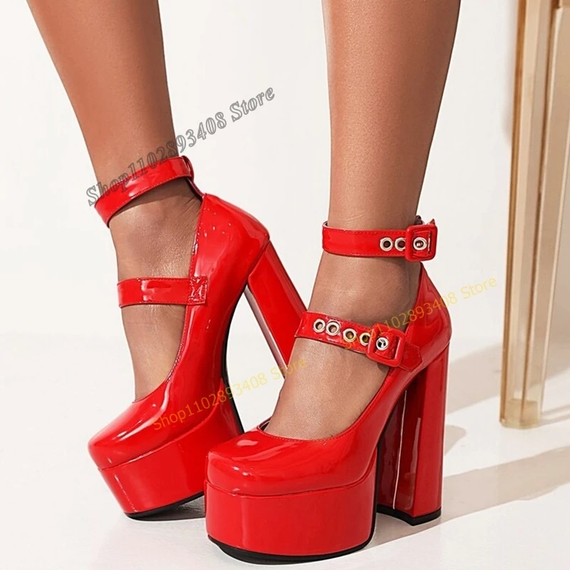 

Red Color Rivet Platform Pumps Round Toe Buckle Strap Chunky Heel Big Size Women Shoes 2023 Fashion Sexy Zapatos Para Mujere