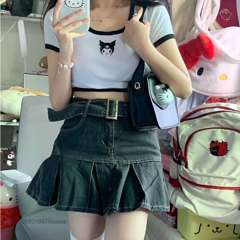 Sanrio Kuromi Clothes Y2k Short Tops Japan Style Kawaii Short Sleeve Tees Women Crop Top Cartoon Summer Slim Casual T-shirts