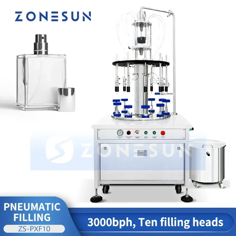 Zonesun Pneumatic Perfume Vacuum Filling Machine Glass Bottle 10 Heads Rotary Filler Equipment ZS-PXF10