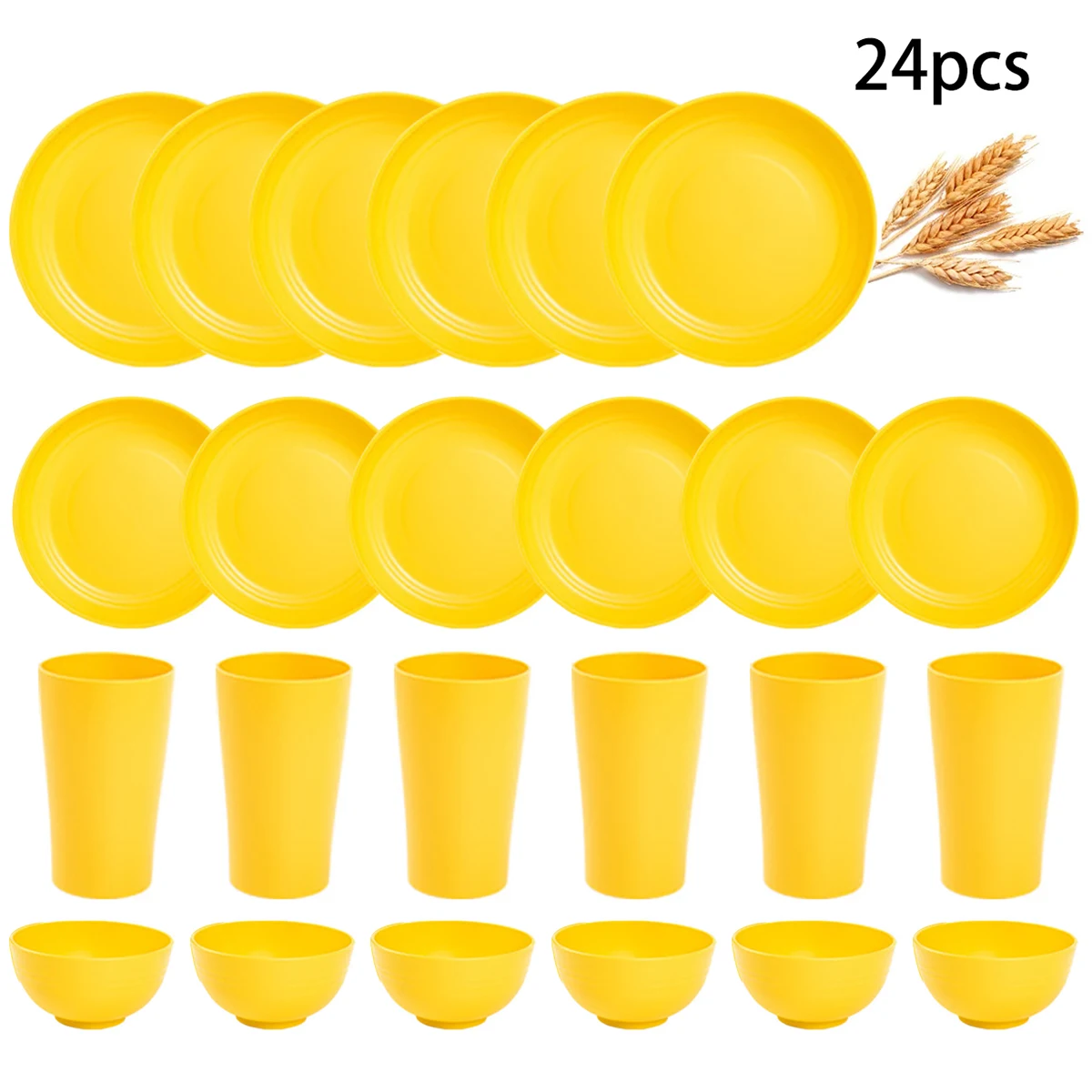 6/24 piece Yellow PP Cutlery Set Dishes Bowls Disk Water Cup Dinnerware Set Unbreakable Polypropylene Party Kitchen Tableware