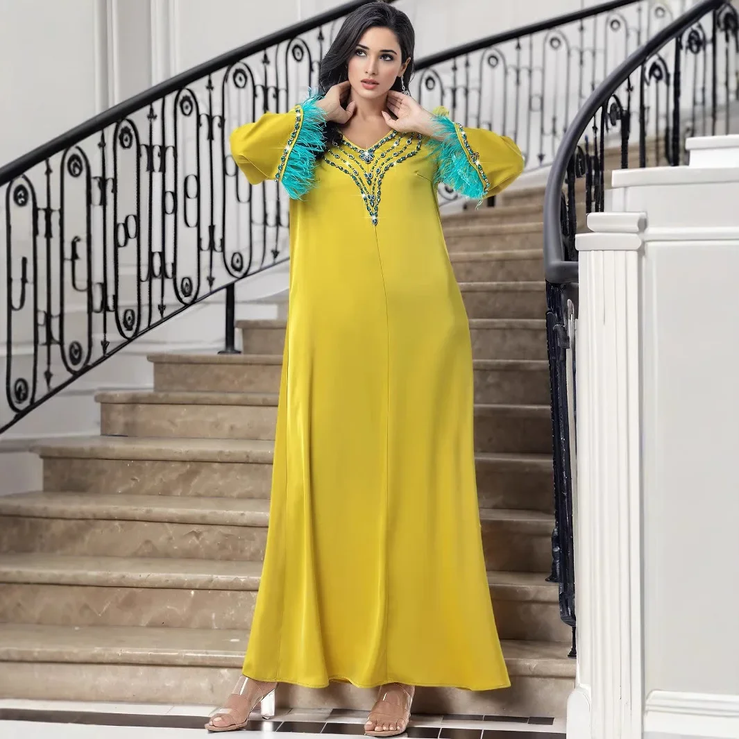 Ramadán diamantes Abaya Dubai vestido musulmán de plumas de lujo mujeres ropa Islam Eid Robe Femme Musulmane Abayas Damen Kaftan vestido