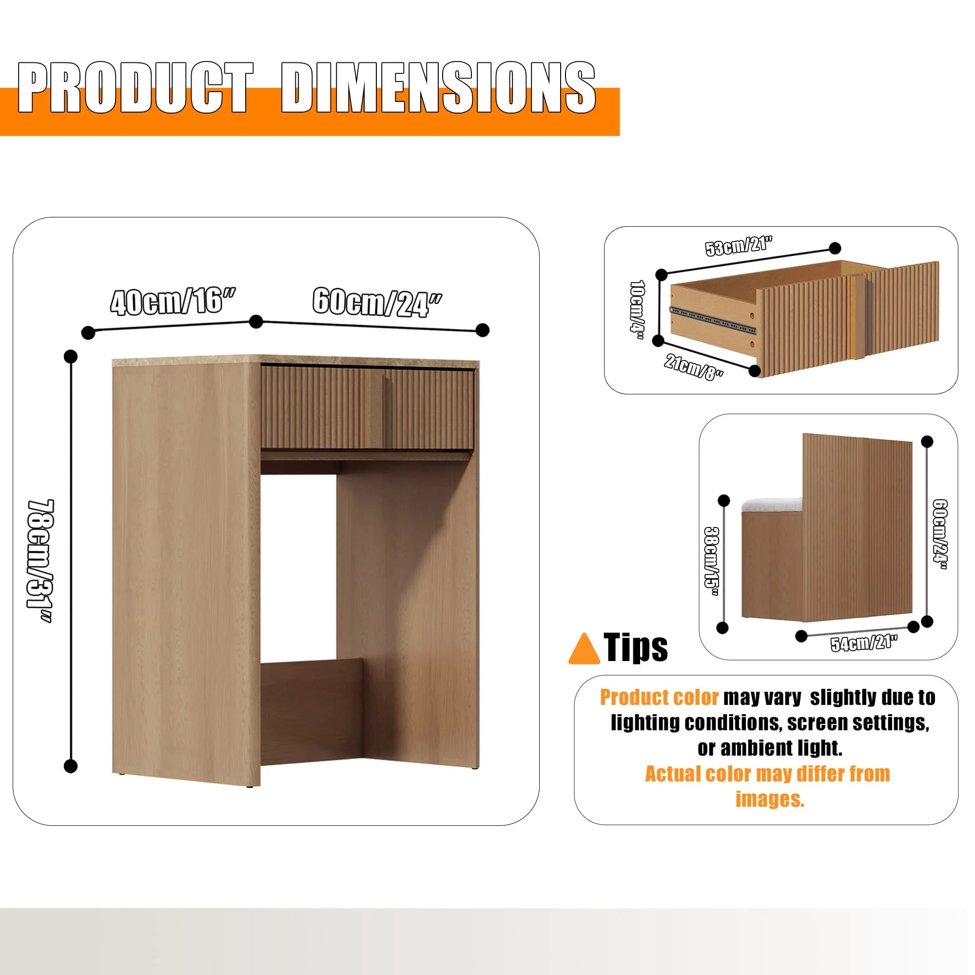 GEGOFORU 3-in-1 Vanity Desk with Flip-Top LED Mirror, 24" Makeup Table with 2 Drawers & Reinforced Legs, Whitewashed Oak image 5