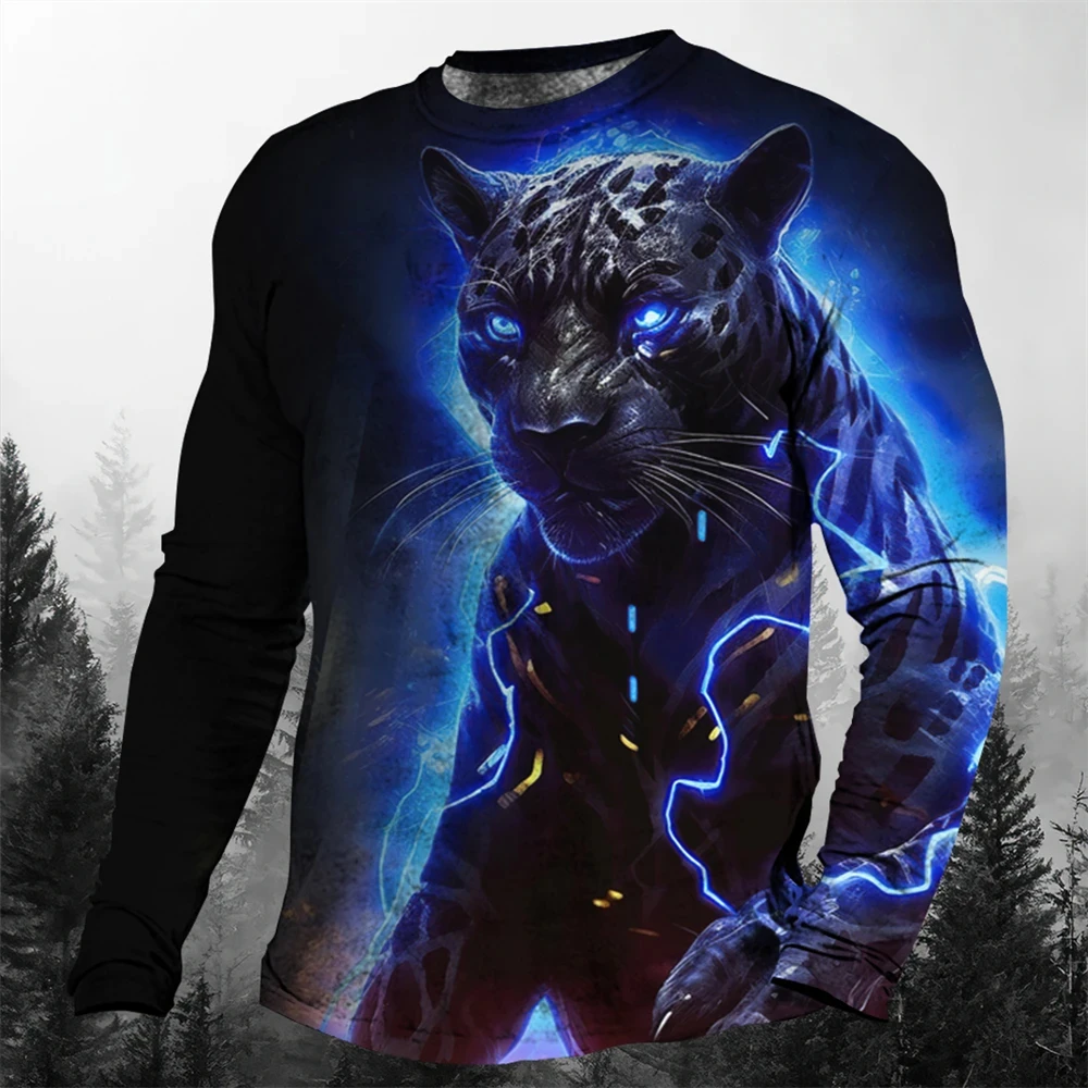 Personalized trendy men\'s round neck long sleeve 3D lightning animal cheetah pattern printed men T-shirt tops daily long sleeve