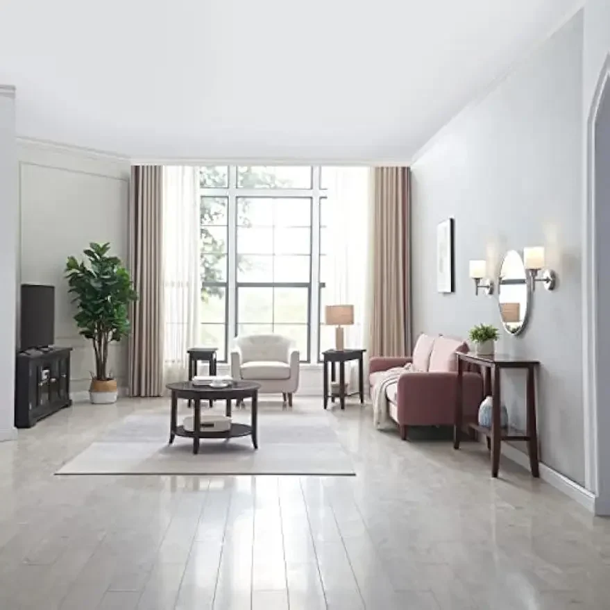 Mesa de centro redonda com tampo de vidro e prateleira, carvalho chocolate, 30 polegadas