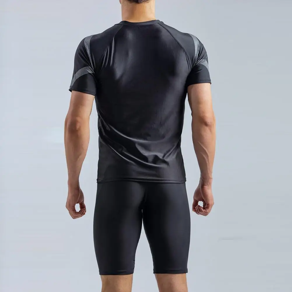 2Pcs/Set Stylish Good Elasticity Anti-pilling Printing Slim Fit T-shirt Swimming Trucks Set Swimming Pool Clothing