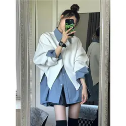 Buttons Patchwork Solid Turn-down Collar Blouses Long Sleeve Two-piece Suit Streetwear Casual Fashion Loose Women's Clothing