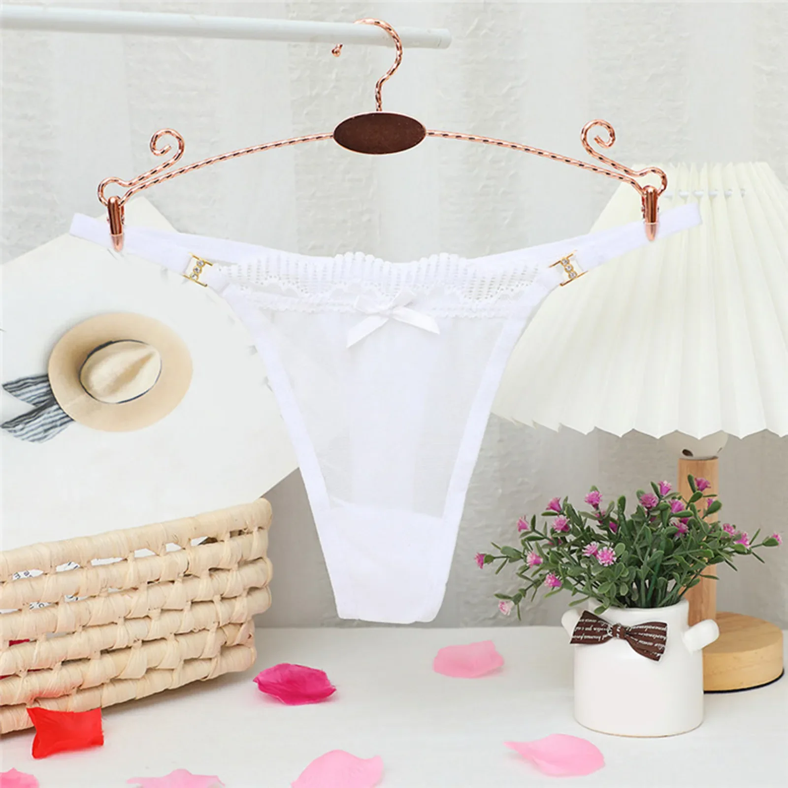 

Culotte sexy sans couture pour femme taille basse ultra fine en maille transparente avec noed papillon, couleur unie en dentelle