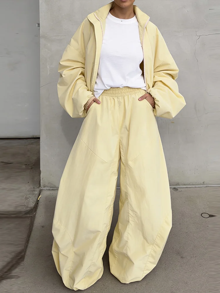 Stehkragen Langarm Oversize-Oberteil und Hosen-Set für Damen, Streetwear mit Taschen, Lockere Mäntel, Hosen mit Elastischem Bund, Schickes Damen-Outfit, Neu – Detail 14