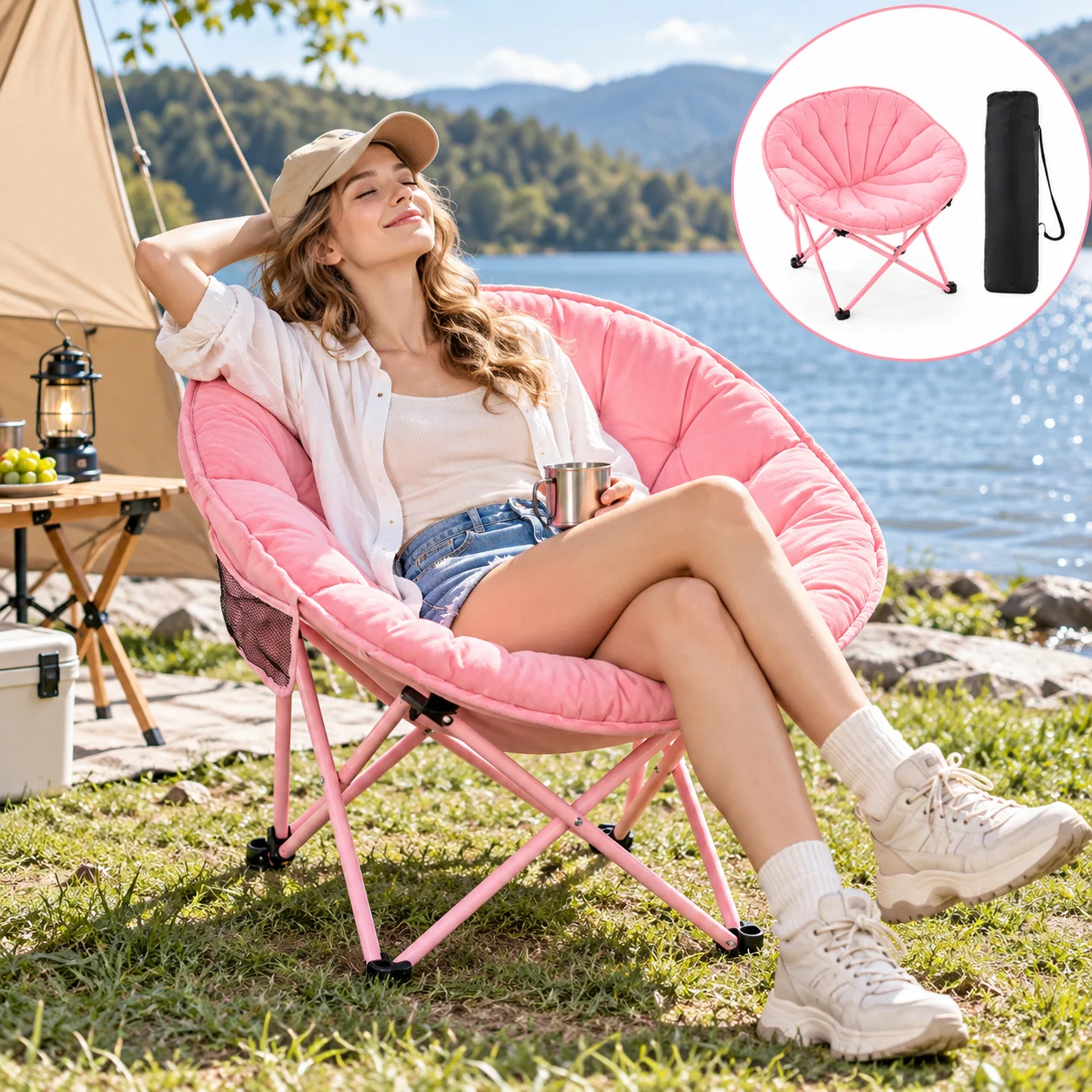 Portable Folding Moon Chair Padded Saucer Camping Chair with Carry Bag for Outdoor Beach Picnic Indoor Dorm