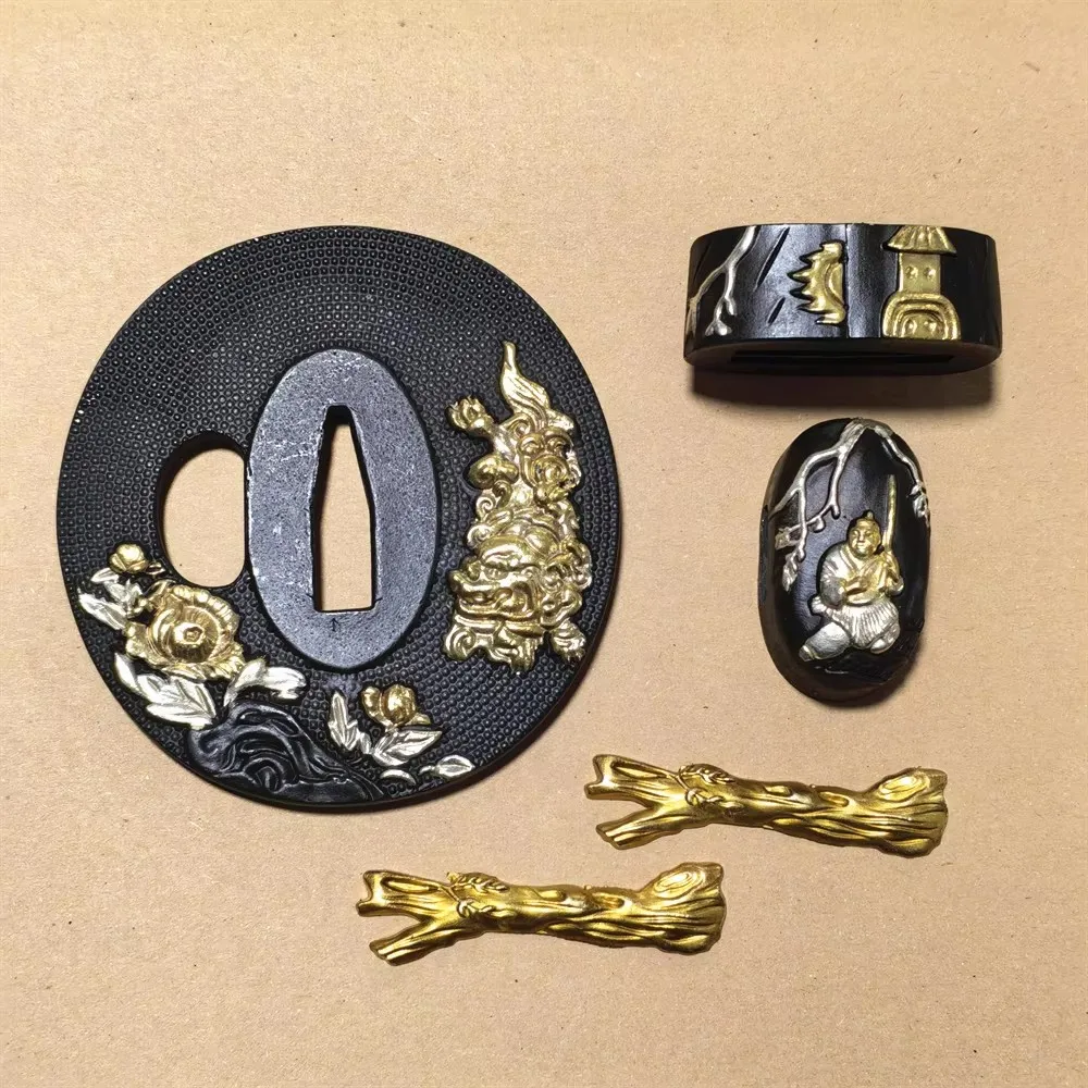 Copper Brass Gold Lion Peony Flower Tsuba/Fuchi/Menuki For Japanese Katana sword Wakizashi Tanto Fittings