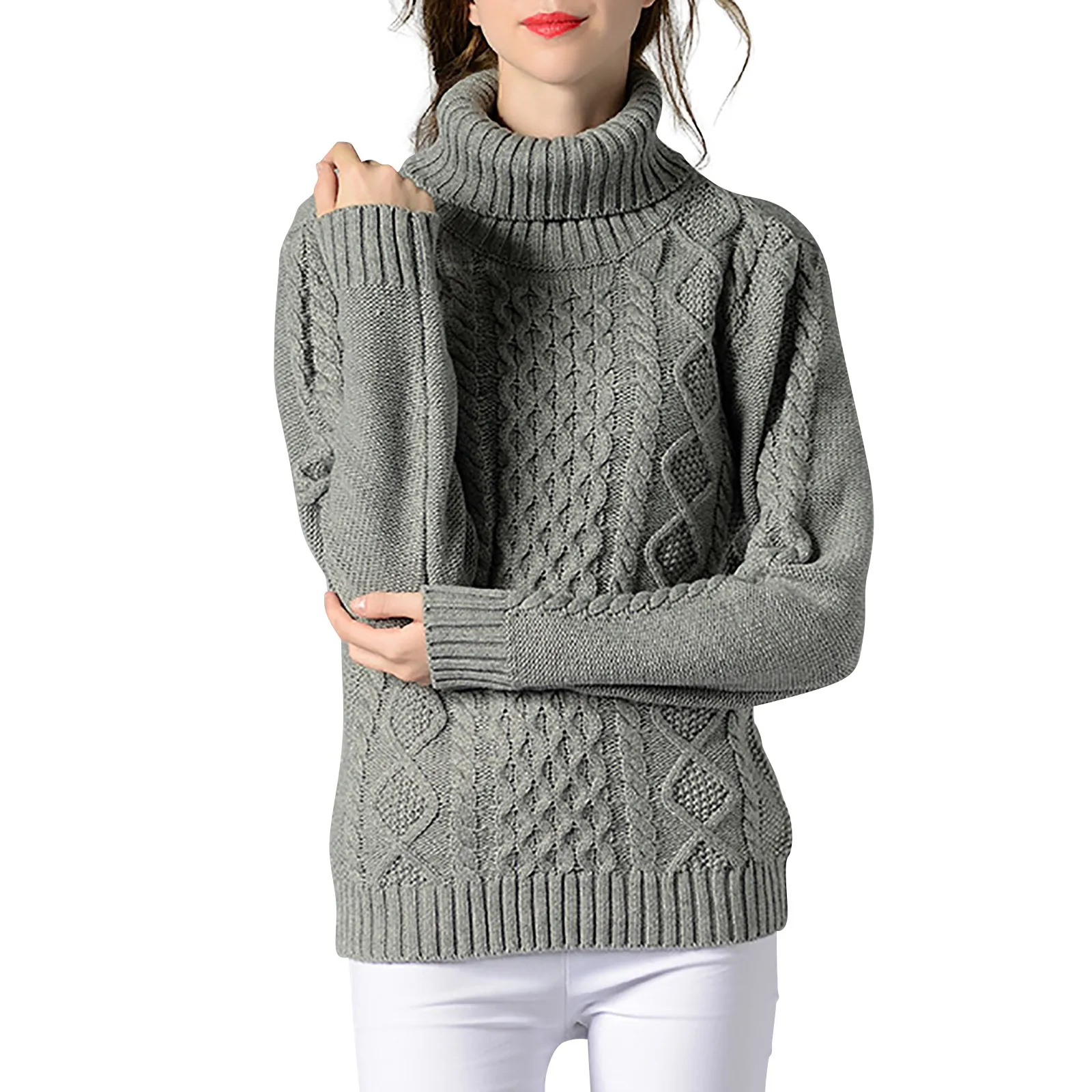 Women's Winter Turtleneck Solid Color Knitted Sweater Long Sleeve Cable Floral Bottoming Sweater Casual Loose Thick Pullover