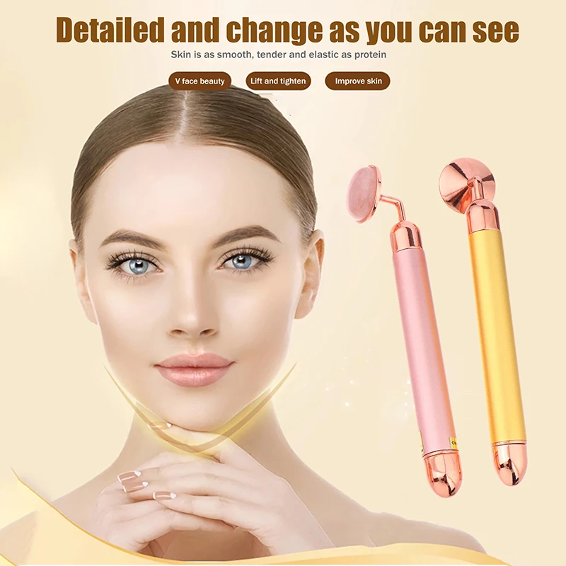Natural Stone Rose Gold Electric Roller Original Amethyst Quartz Jade Big Frequency Eye Massage Face Care Neck Detox Beauty Tool