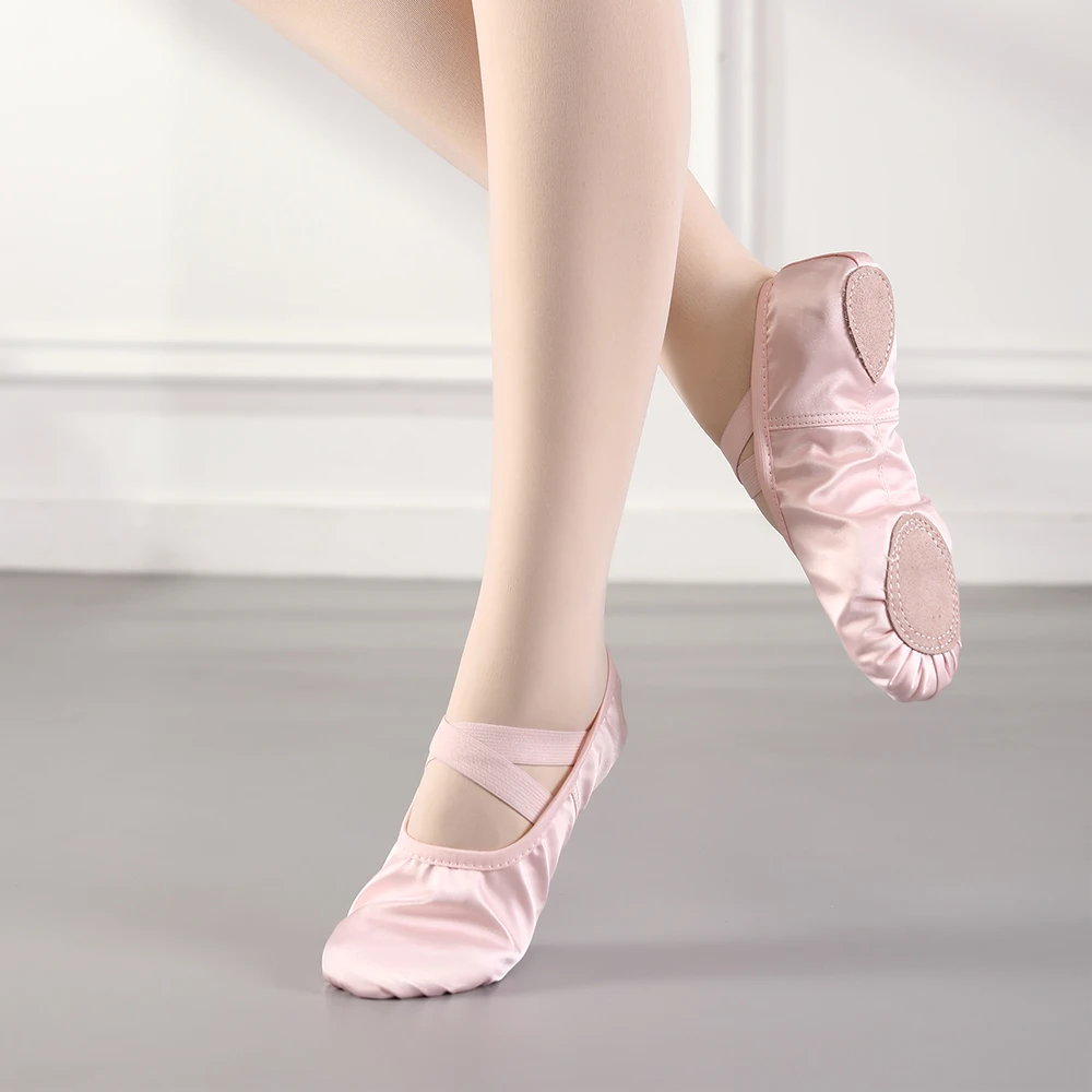 Girls Ballet Dance Shoes Silk Women Kids Dance Split Sole Ballroom Training Shoes Child Adult Ballet Shoes Peach pink Flat