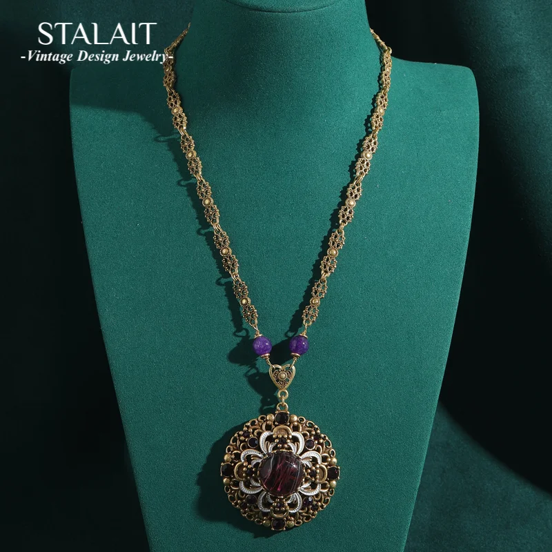 

Vintage Jewellery Large Purple Carving Flowers Pendants And Charms Necklace Aesthetic Antique For Woman Luxury Designer 2025