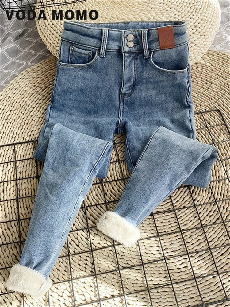 

Women Korean Fashion Plus Velvet Skinny Denim Pants High Waist Casual Thicken Stretch Vaqueros Super Warm Cashmere Winter Jeans