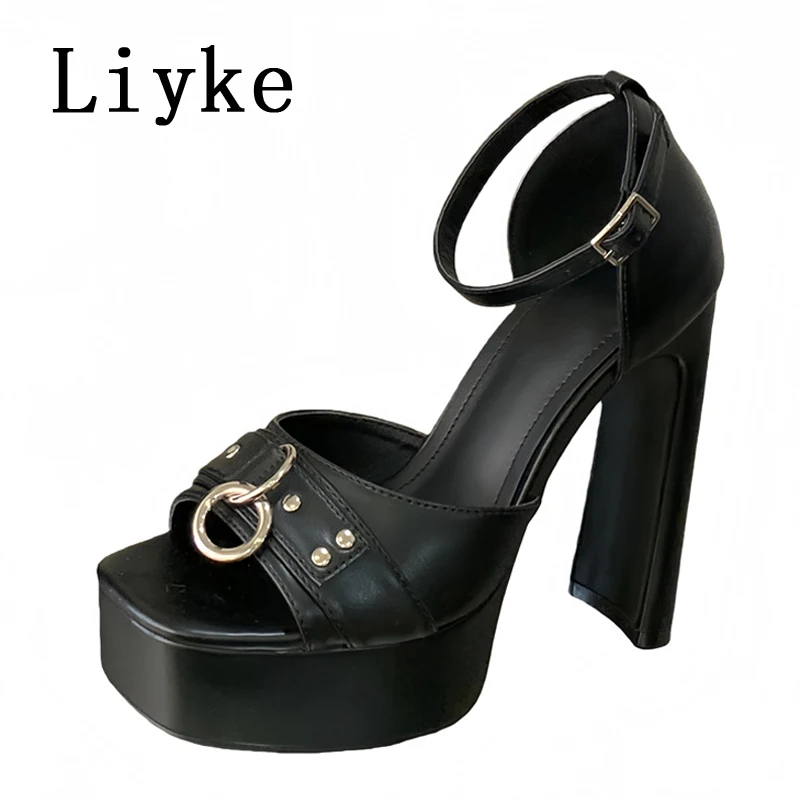 

Liyke Runway Style Black High Heels Platform Sandals For Women Metal Buckle Square Toe Buckle Strap Ladies Party Dress Shoes