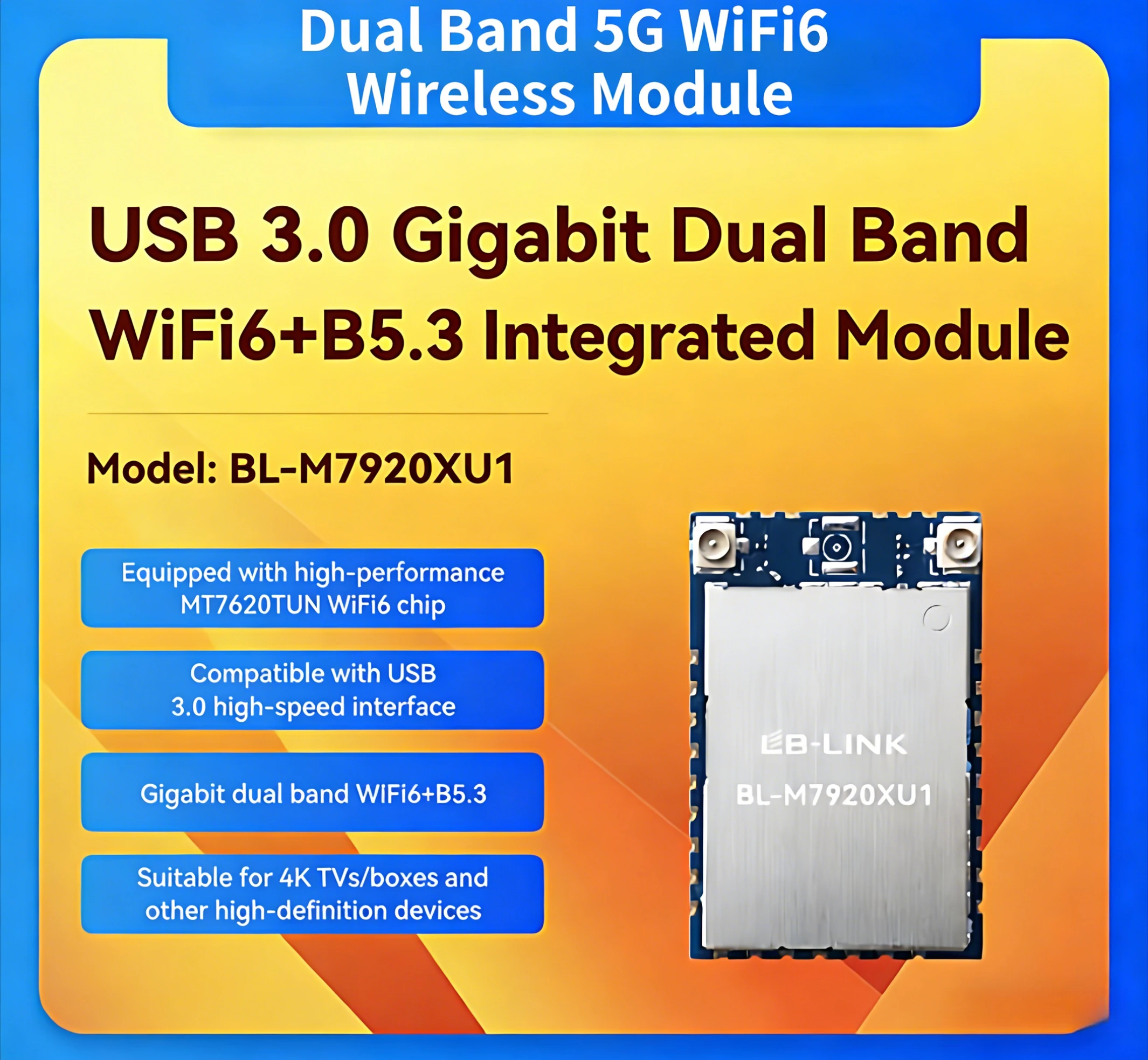 

M7920XU1 Dual Band 5G WiFi6 Wireless Module with MT7920TUN Chip BT for Projector TV Screen Cast Video Transmission