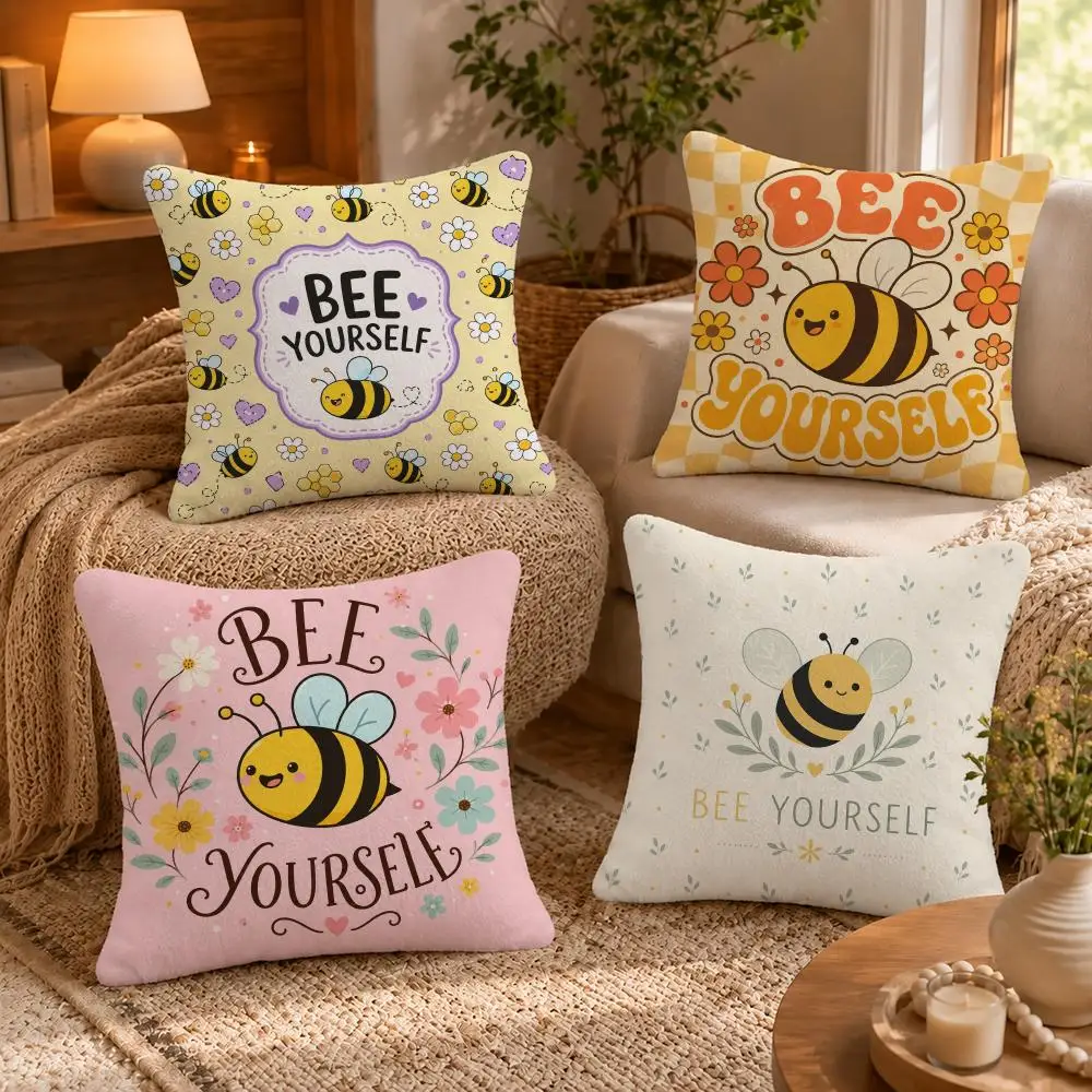 Slogan Bee Yourself Cushion Cover Short-Plush Cushion Cover Pillowcase — Suitable for Sofas Bedrooms and Home Decor