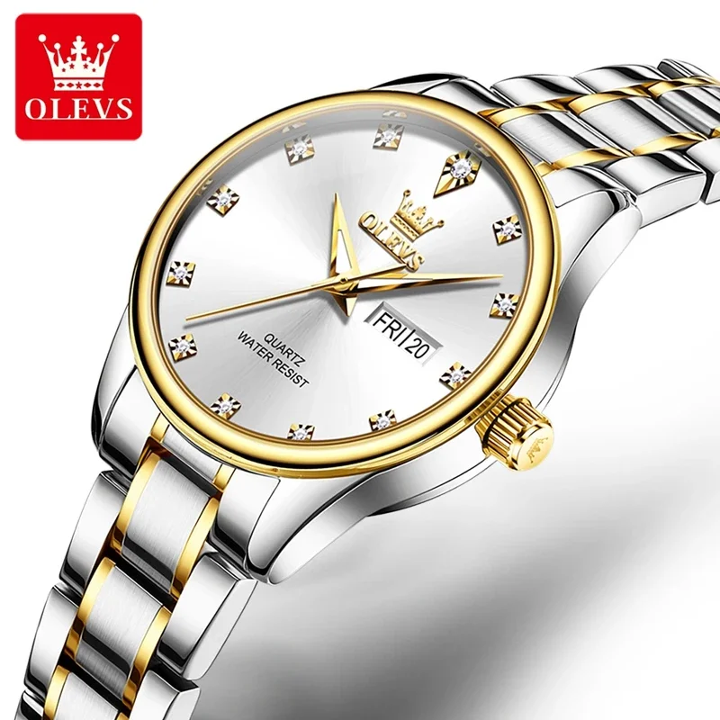 Olevs 3612 elegant quartz ladies watch week calendar display dress watch women waterproof stainless steel clock