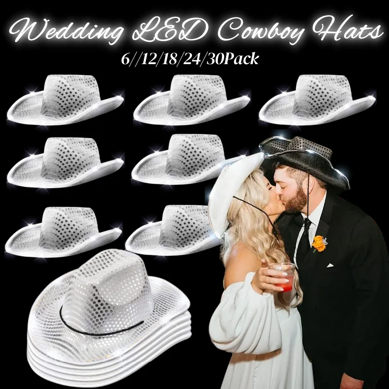 6-30Pack LED Flashing Cowboy Hats Light Up Sequin Cowgirl Hats Disco Cowboy Hats for Bachelor Party Ball Wedding Reception