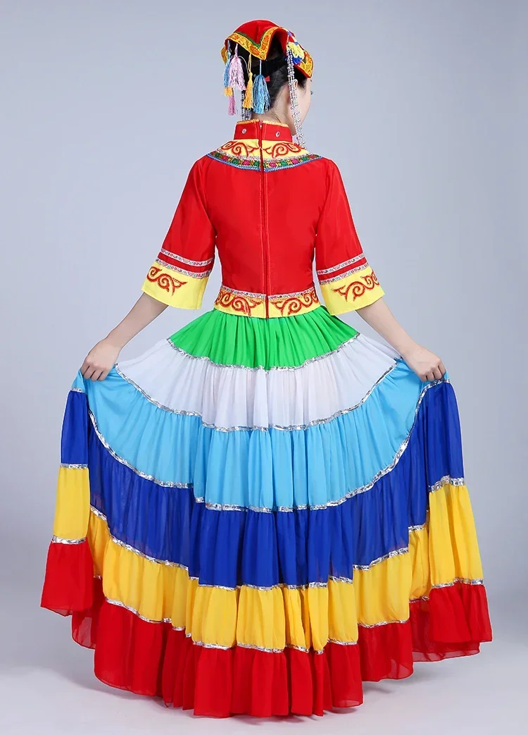 Grande jupe balançoire pour le festival de la torche de juillet, vêtements colorés, vêtements de performance de danse des minorités ethniques veangshan, ensemble une pièce