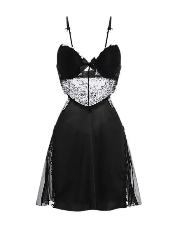 الدانتيل مثير الشاش الصدر الجوف عارية الذراعين الربط موضة المرأة فضفاضة الحلو فتاة فستان النمط الفرنسي صيف 2025 فساتين جديدة 8PU0