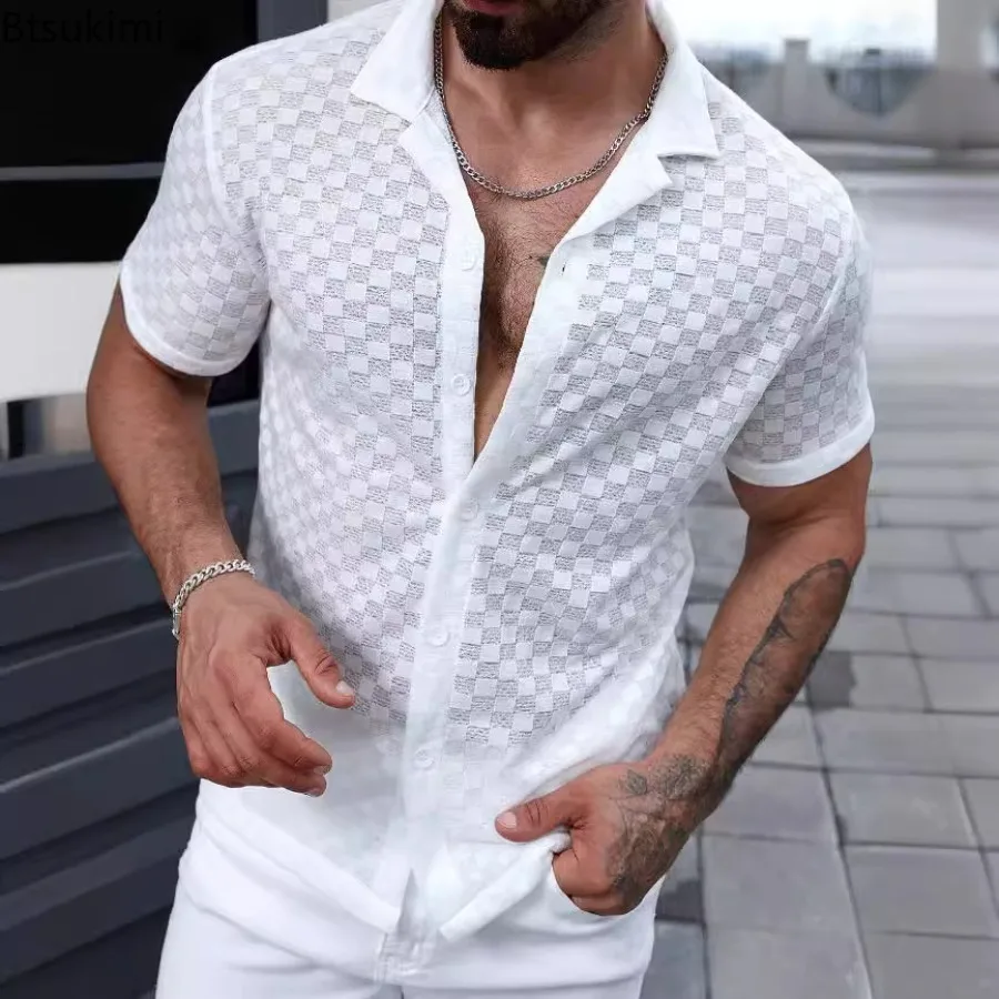 Summer Men's Hollow Out Mesh Lace Shirts Solid Short Sleeve Sexy See-through Tops Fashion Jacquard Leisure Lapel Shirts for Men