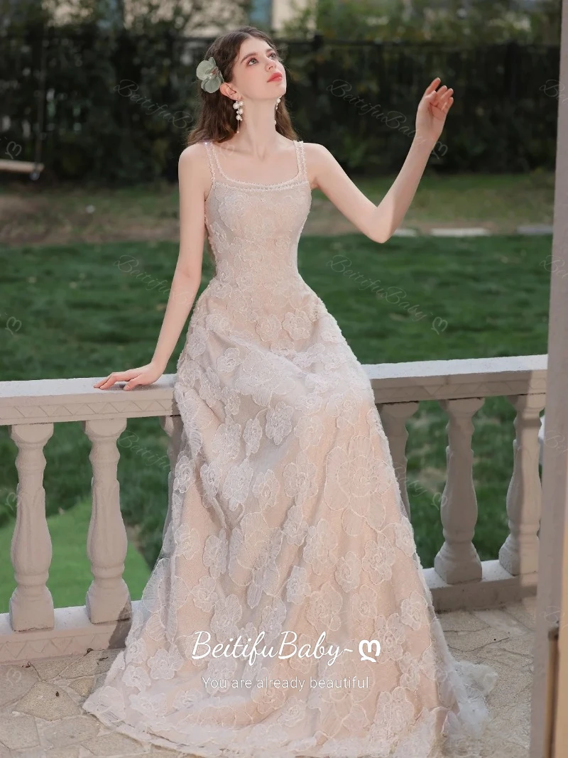 BeitifuBaby – robe De soirée De Style français pour femmes, élégante, sans manches, col carré, fleur 3D, robes De soirée en mousseline De soie