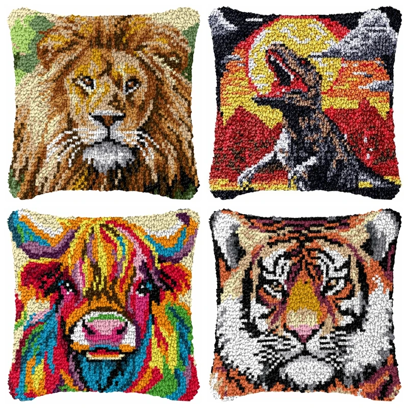 Kit de bordado con gancho de nudo de la serie Animales Feroz, paquete de almohada con nudo vintage, kits de bordado con gancho de nudo, funda de cojín de pingüino y tigre