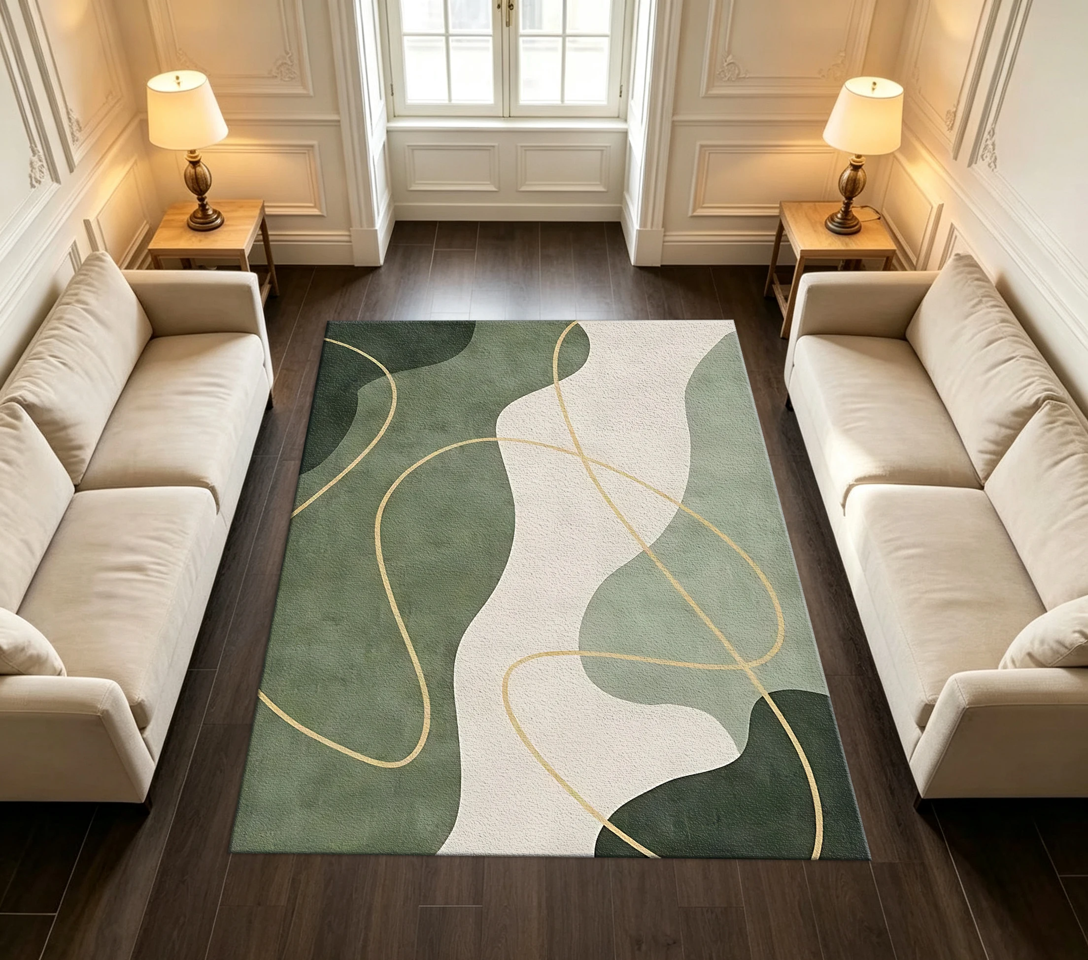 Abstract Geometric Line Carpet Flooring Sage Green Gold Lines Home Decoration Large Area Rug for Living Room Bedroom
