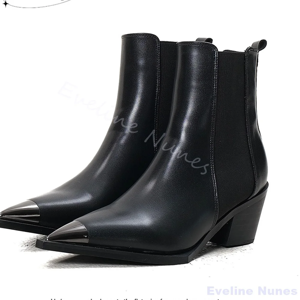 

Metal Pointy Toe Chelsea Boots Men/women Black Leather Slip On Versatile Mid Calf Boots 2025 Retro Design Stretch Boots Newest