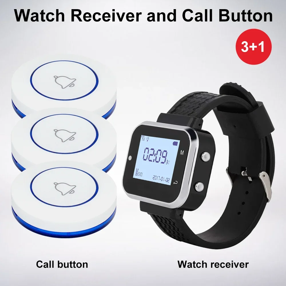 

3pcs CTT12 Call Button Transmitters 1Pcs CTW06 Wrist Watch Pager Wireless Calling System