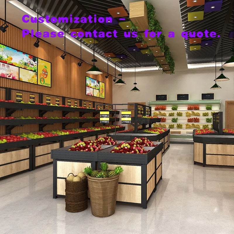 custom.Customized Shopping Mall Fruit Vegetable Shelf Steel Wood Combined Supermarket Fruit Shelf