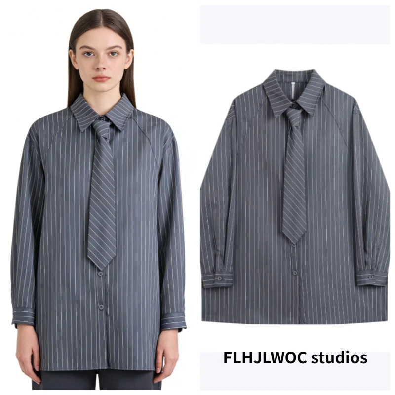 

Рубашка-бойфренд с длинным рукавом и галстуком, блузка FLHJLWOC, женская офисная базовая рубашка на пуговицах, элегантная полосатая рубашка для работы и повседневной носки