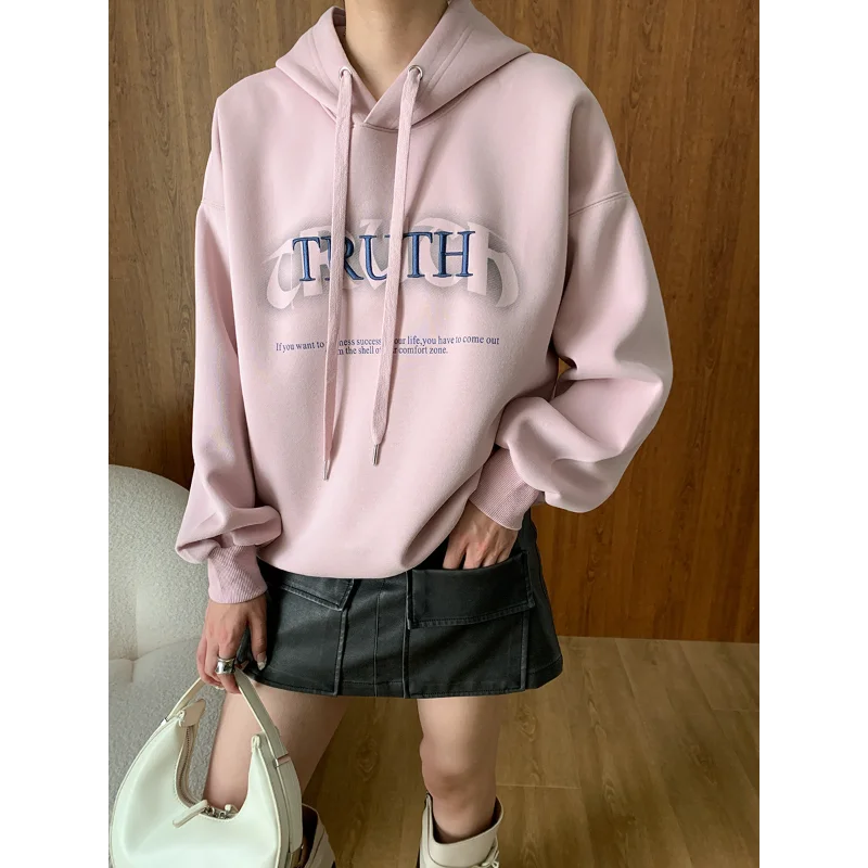 Loose Fashion Letter Embroidery Smudge Hoodies Sweater Autumn Joker Pink Gray Long Sleeve Korean Women's Clothing