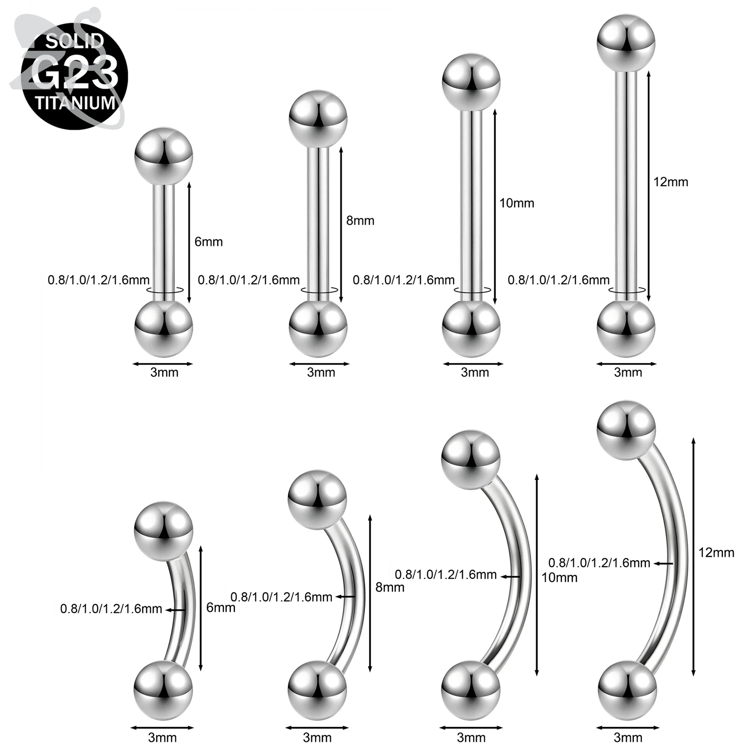 ZS 1 قطعة 14/16/18/20 جرام G23 التيتانيوم الصلب الحاجب ثقب الرجال النساء الشرير الصخرة منحني الحواجب حلقة الشفاه البطن الثقب مجوهرات #2