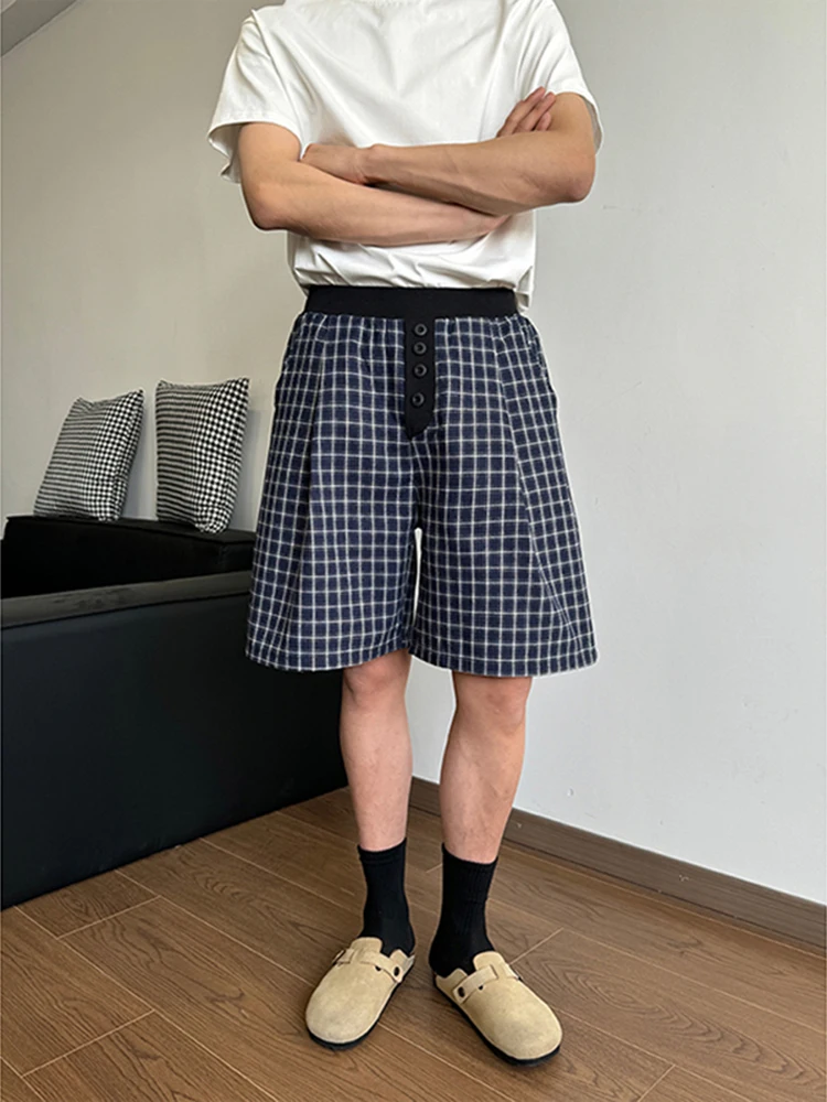 

American Blue Plaid Men's Summer Loose Casual Wide Leg Pants Five-Quarter Loose Fit Straight Tube Trousers ort orts