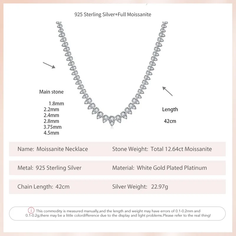 Follow Cloud Total 12.64ct Full Moissanite Tennis Necklace for Women 1.8-4.5mm Gradient Diamond 925 Sterling Silver Neck Chain