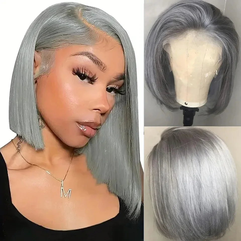 Silver Grey Short Straight Lace Bob Wigs Himan Hair 13x4 Lace Frontal Wigs For Women PrePlucked Real Brazilian Remy Human Hair