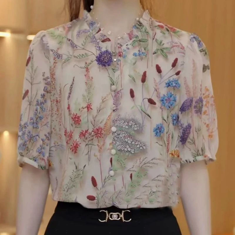 Women Vintage Fashion Floral Print Blouse Elegant Ruffle 3/4 Sleeve Loose Shirt Casual Sweet Chic Tops Summer Blusas Para Mujer